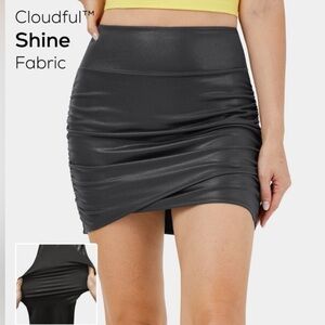 NEW Shine Black Bodycon Foil Print Stretchy 2-in-1 Ruched Faux Leather Skirt